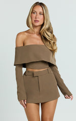 Ursula Top - Long Sleeve Off Shoulder Cropped Top in Khaki