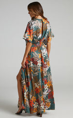 Vacay Ready Maxi Dress - Plunge Thigh Split Dress in Teal Floral Satin