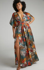 Vacay Ready Maxi Dress - Plunge Thigh Split Dress in Teal Floral Satin