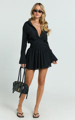 Valerie Mini Dress - Collared Long Sleeve Waist Shirt Dress in Black
