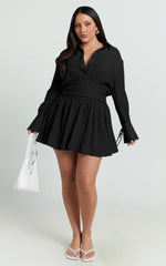 Valerie Mini Dress - Collared Long Sleeve Waist Shirt Dress in Black
