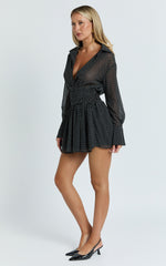 Valerie Mini Dress - Collared Long Sleeve Waist Shirt Dress in Black Polka Dot