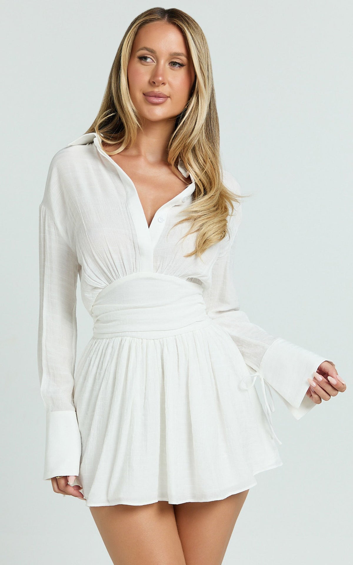 Valerie Mini Dress - Collared Long Sleeve Waist Shirt Dress in White
