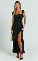 Vance Midi Dress - Ruched Cap Sleeve Bustier Bias Cut Dress in Black