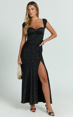 Vance Midi Dress - Ruched Cap Sleeve Bustier Bias Cut Dress in Black