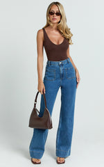 Vancouver Jeans - High Waist Straight Leg Patch Pocket Denim Jeans in Mid Blue Wash