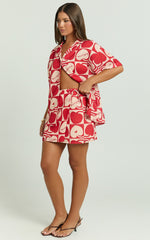 Vangie Mini Skirt - Linen Look A Line Skirt in Red/Pink