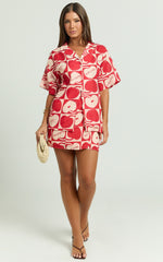 Vangie Shirt - Linen Look Short Sleeve Shirt in Red/Pink