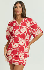 Vangie Shirt - Linen Look Short Sleeve Shirt in Red/Pink
