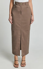 Vanna Midi Skirt - High Waisted Front Slit Skirt in Mocha