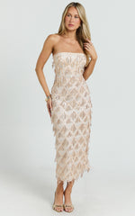 Variel Midi Dress - Strapless Fringe Sequin Dress in Champagne