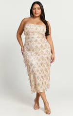 Variel Midi Dress - Strapless Fringe Sequin Dress in Champagne