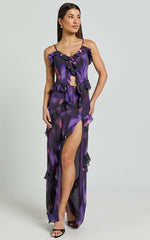 Velma Maxi Skirt - Recycled Tiered Ruffle Thigh Split Skirt in Violet Night Print