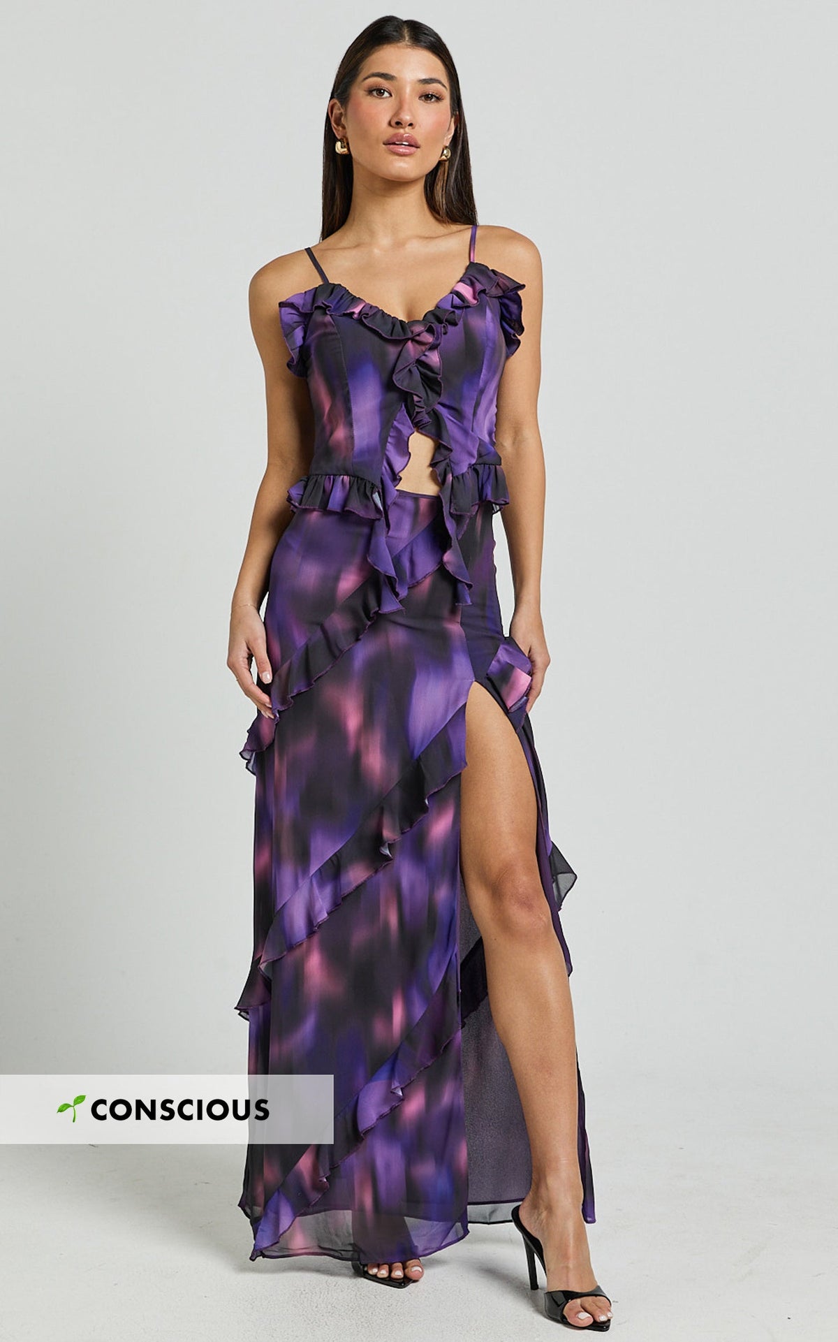 Velma Maxi Skirt - Recycled Tiered Ruffle Thigh Split Skirt in Violet Night Print