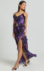 Velma Maxi Skirt - Recycled Tiered Ruffle Thigh Split Skirt in Violet Night Print