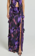 Velma Maxi Skirt - Recycled Tiered Ruffle Thigh Split Skirt in Violet Night Print