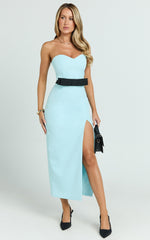 Veronica Midi Dress - Sweetheart Strapless Bow Detail High Split Dress in Blue & Black