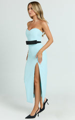 Veronica Midi Dress - Sweetheart Strapless Bow Detail High Split Dress in Blue & Black