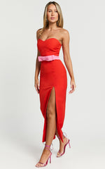 Veronica Midi Dress - Sweetheart Strapless Bow Detail High Split Dress in Red