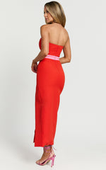 Veronica Midi Dress - Sweetheart Strapless Bow Detail High Split Dress in Red
