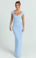 Veronika Maxi Dress - Off Shoulder Plunge High Split Dress in Blue