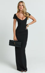 Veronika Maxi Dress - Off Shoulder Plunge High Split Dress in Black