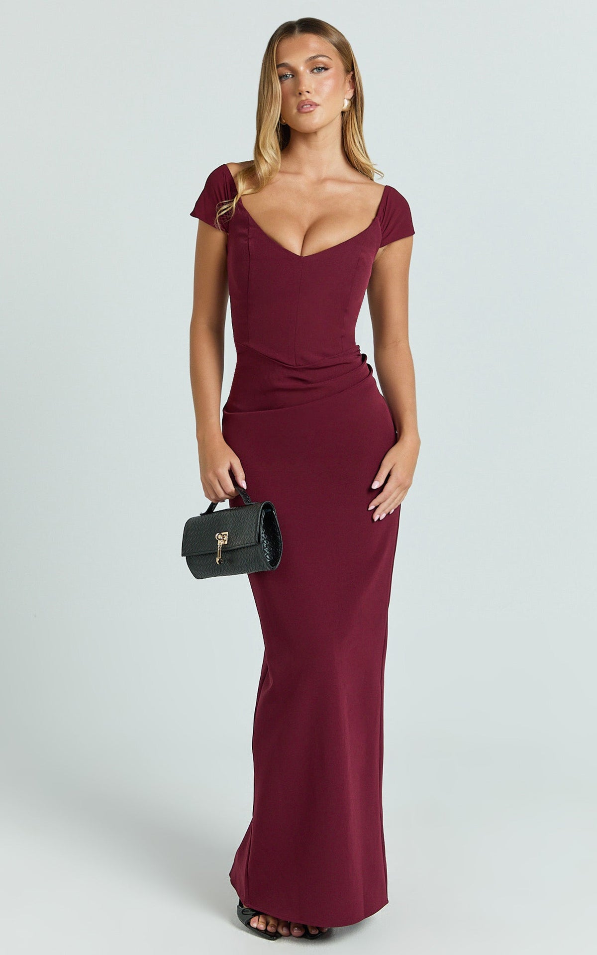 Veronika Maxi Dress - Off Shoulder Plunge High Split Dress in Wine