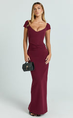 Veronika Maxi Dress - Off Shoulder Plunge High Split Dress in Wine
