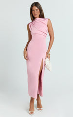 Veronnie Midi Dress - Tucked High Neck Sleeveless Fitted Leg Split Skirt Dress in Pink