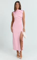 Veronnie Midi Dress - Tucked High Neck Sleeveless Fitted Leg Split Skirt Dress in Pink