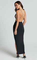 Vicki Midi Dress - V Neck Backless Slit Side Dress in Black