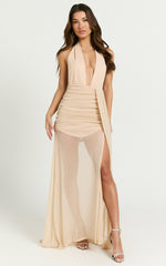 Vinnie Maxi Dress - Plunge Halter High Split Dress in Nude