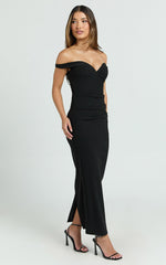 Vinnie Midi Dress - Off Shoulder Bustier Side Tuck Fitted Dress in Black