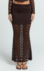 Viola Maxi Skirt - Lace Sheer Bodycon Skirt in Chocolate