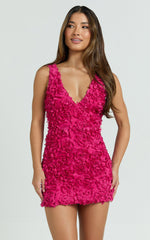 Viola Mini Dress - 3D Floral Plunge Neck Dress in Pink