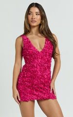 Viola Mini Dress - 3D Floral Plunge Neck Dress in Pink