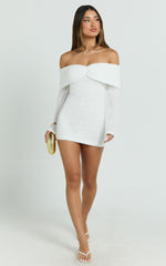 Virginia Mini Dress - Off Shoulder Sheer Sequin Knit Dress in White