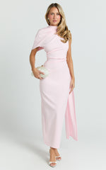 Visenta Midi Dress - Asymmetrical Sleeve Dress in Pink