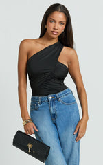 Vivi Bodysuit - One Shoulder Bodysuit With Scarf Back in Black