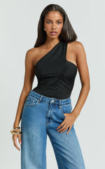 Vivi Bodysuit - One Shoulder Bodysuit With Scarf Back in Black
