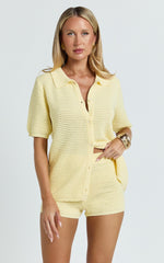 Vivi Two Piece Top and Shorts Set - Crochet Shirt and Shorts Set in Lemon