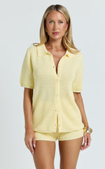 Vivi Two Piece Top and Shorts Set - Crochet Shirt and Shorts Set in Lemon