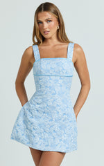 Vivian Mini Dress - Square Neck A Line Dress in Blue