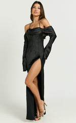 Viviana Maxi Dress - Halter Off Shoulder Thigh Split Dress in Black