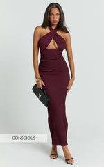 Vivianne Midi Dress - Wrap Halter Neck Fitted Skirt Dress in Wine