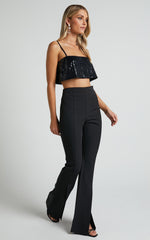 Volta Pants - Front High Waisted Split Boot Leg Kick Out Pants in Black