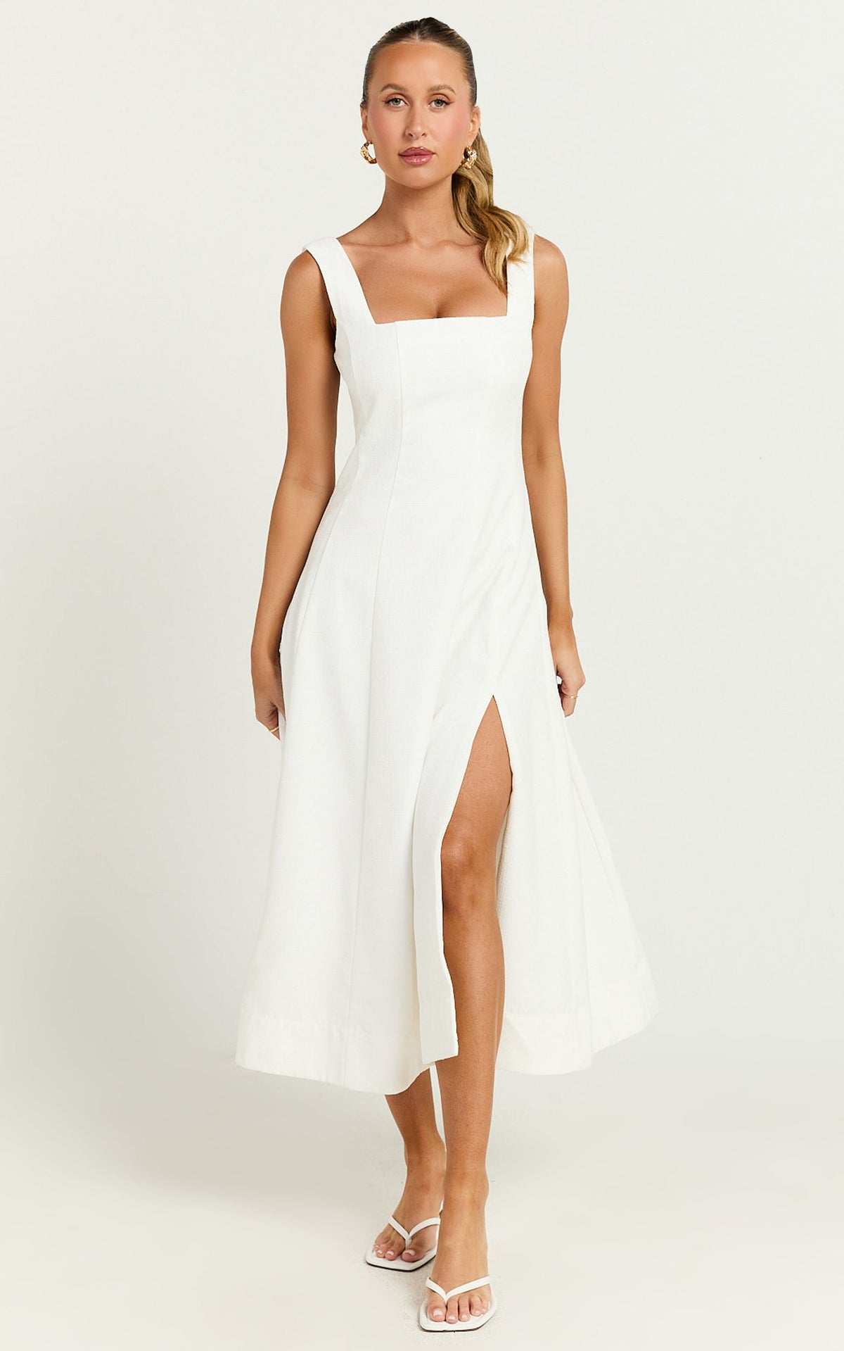Walters Midi Dress - Square Neck Shirred Back Fit and Flare Panel Dress in White