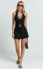 Walton Skort - Mid Waisted Recycled Denim Skort in Clean Black Wash Panel