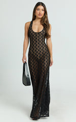 Wanda Maxi Dress - Lace Scoop Neck Low Back Bodycon Dress in Black