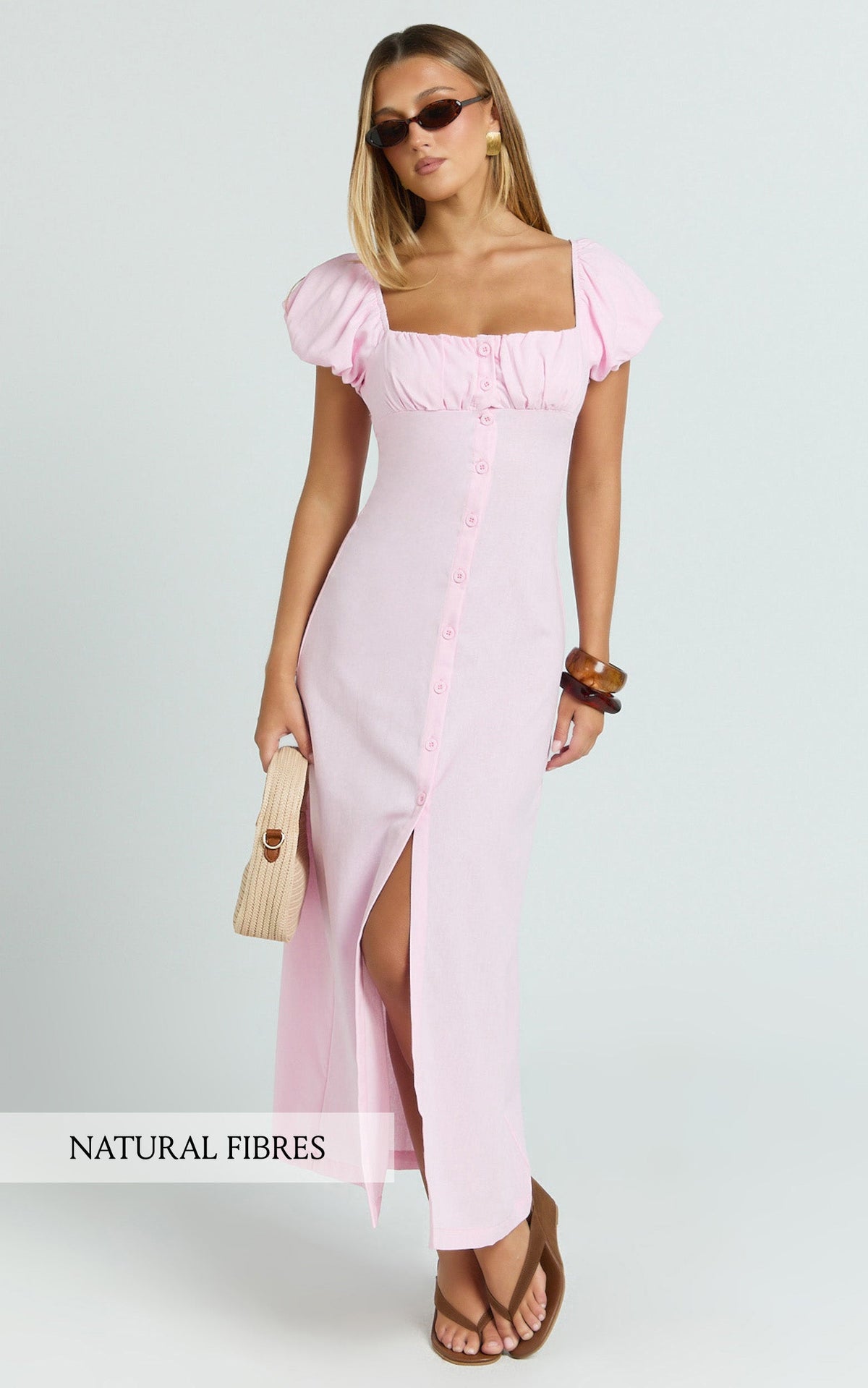 Welmina Midi Dress - Short Sleeve Placket Front Dress in Pale Pink